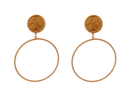 Pendientes dorados de aro grande con cabezal de moneda - Imagen 1