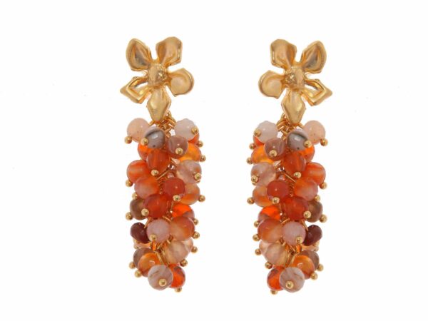 Pendientes rosa con bolas de piedra Ágata en tonos del mismo color y cabezal de coral