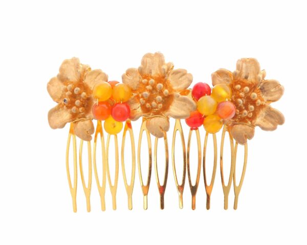 Peinecillo de flores con bolas de piedra Ágata en naranja y amarillo