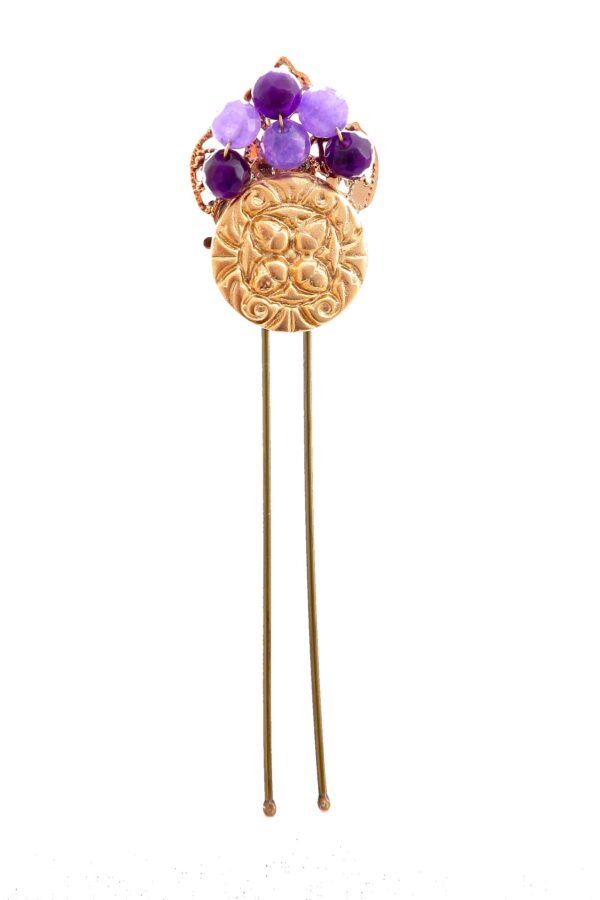 Horquilla de moneda con bolas de piedra Ágata en tonos lila y morado