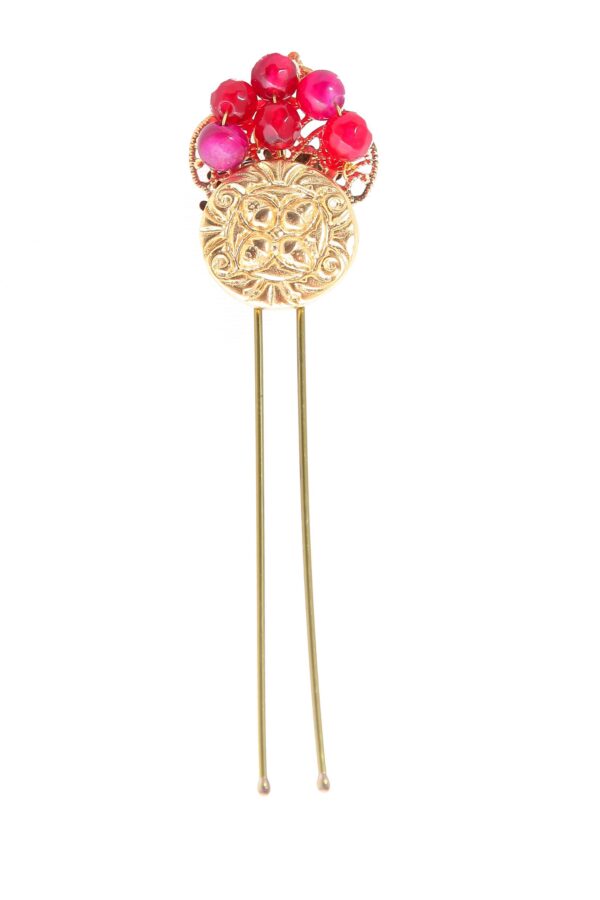 Horquilla de moneda con bolas de piedra Ágata en tonos rosas
