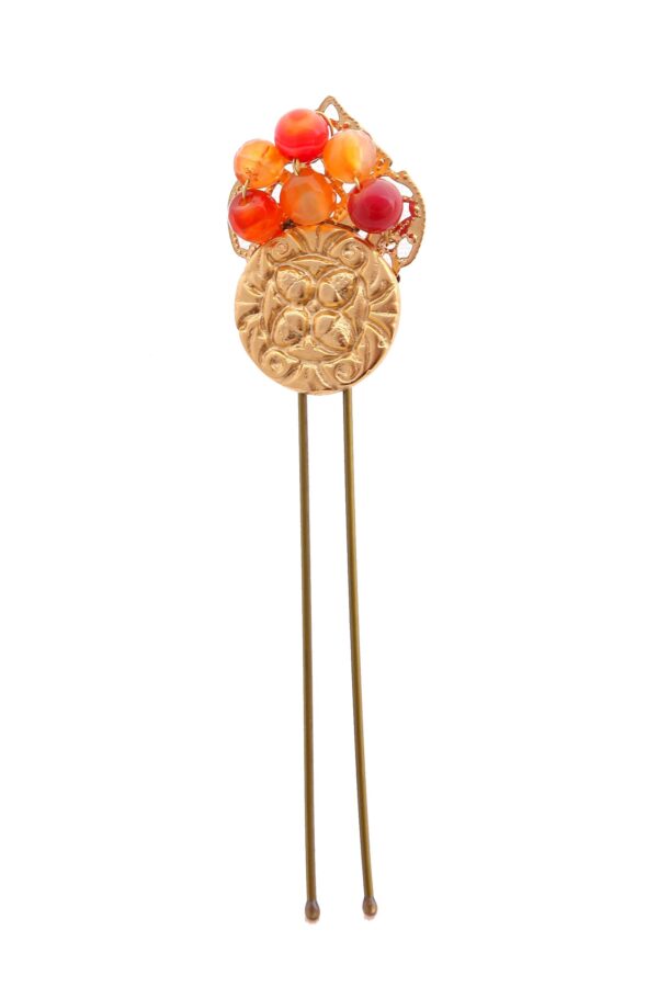 Horquilla de moneda con bolas de piedra Ágata en tonos coral