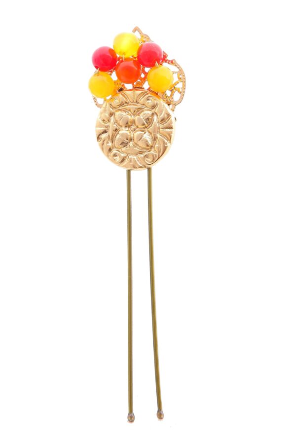 Horquilla de moneda con bolas de piedra Ágata en tonos naranja y amarillo