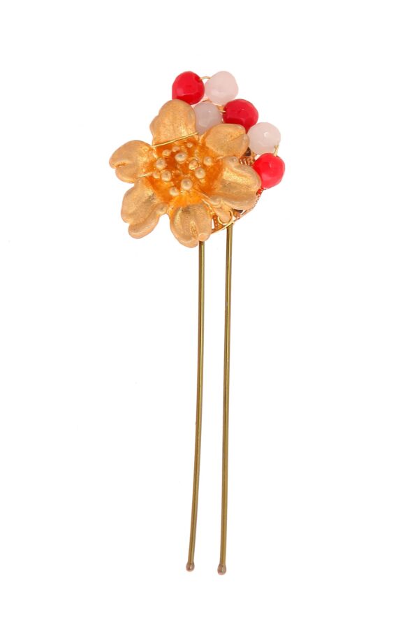 Horquilla de flor con bolas de piedra Ágata en tonos blancos y rojo