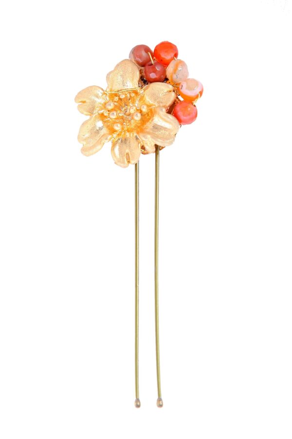Horquilla de flor con bolas de piedra Ágata en tonos coral