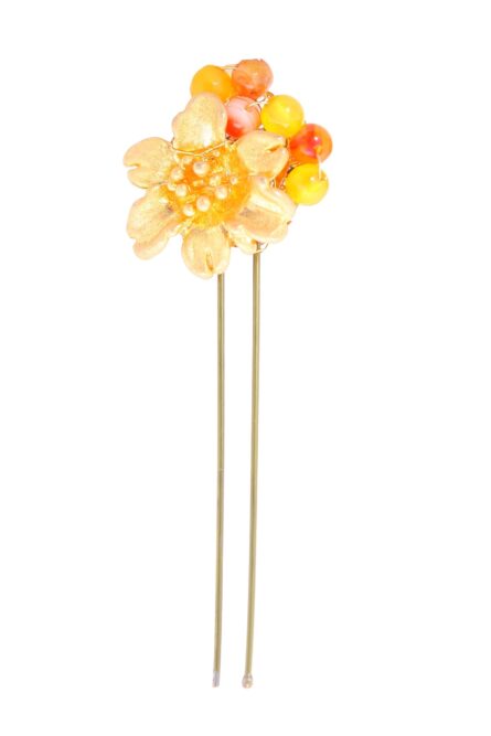 Horquilla de flor con bolas de piedra Ágata en tonos naranjas y amarillos - Imagen 1