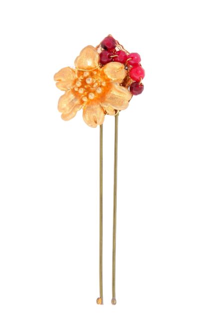 Horquilla de flor con bolas de piedra Ágata en tonos burdeos - Imagen 1