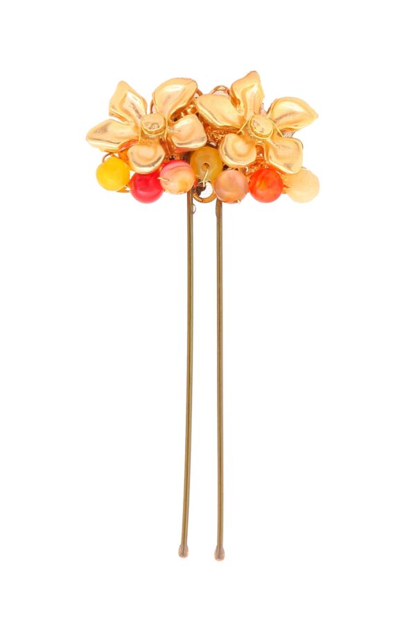 Horquilla de dos flores y bolas de piedra Ágata en tonos corales