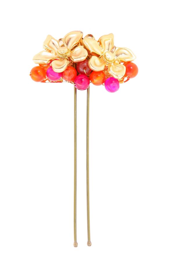 Horquilla con dos flores y bolas de piedra Ágata en tonos rosa y naranja