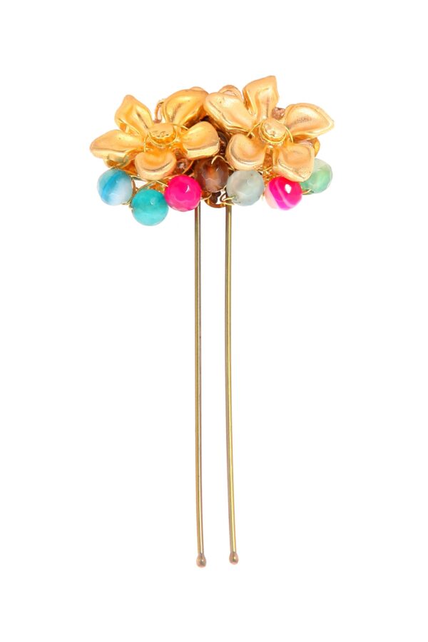 Horquilla con dos flores y bolas de piedra Ágata en multicolor
