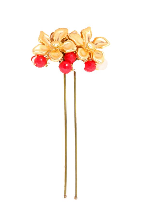Horquilla con dos flores y bolas de piedra Ágata en tonos rojo y blanco