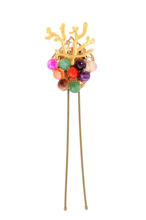 Horquilla de coral con bolas de piedra Ágata en multicolor