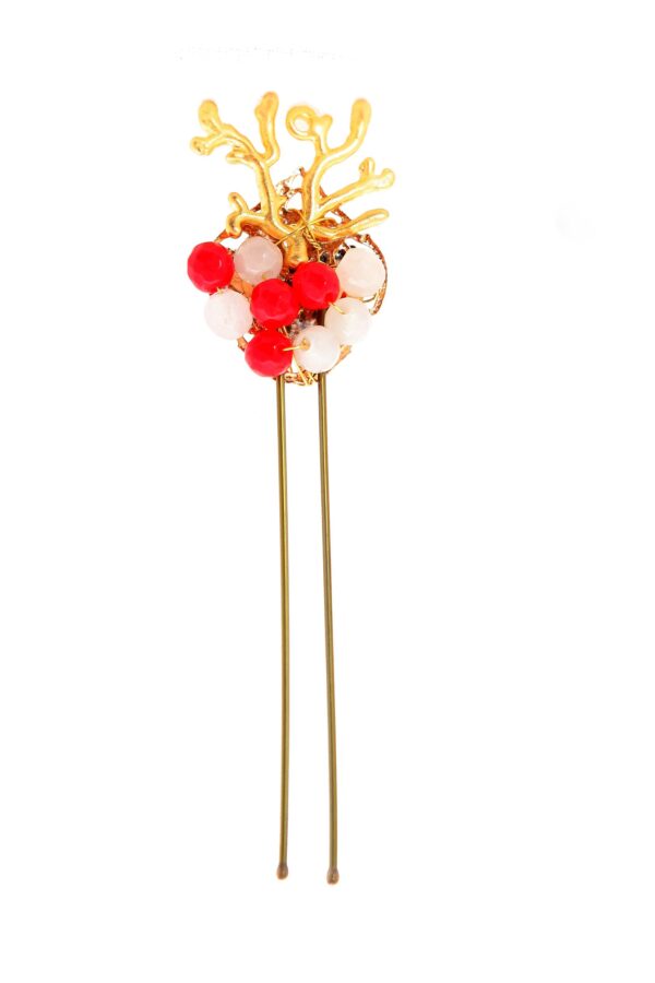 Horquilla de coral con bolas de piedra Ágata en tonos rojo y blanco