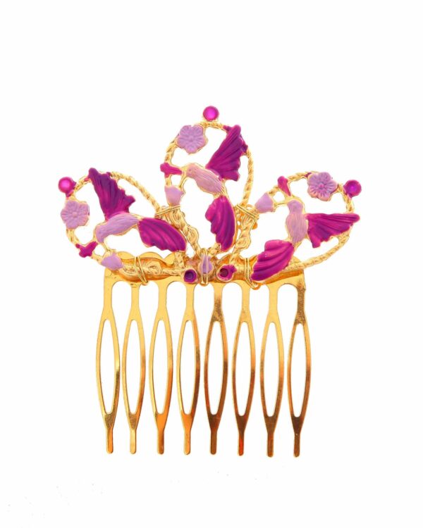 Peinecillo dorado de pájaros pintado en lila y morado