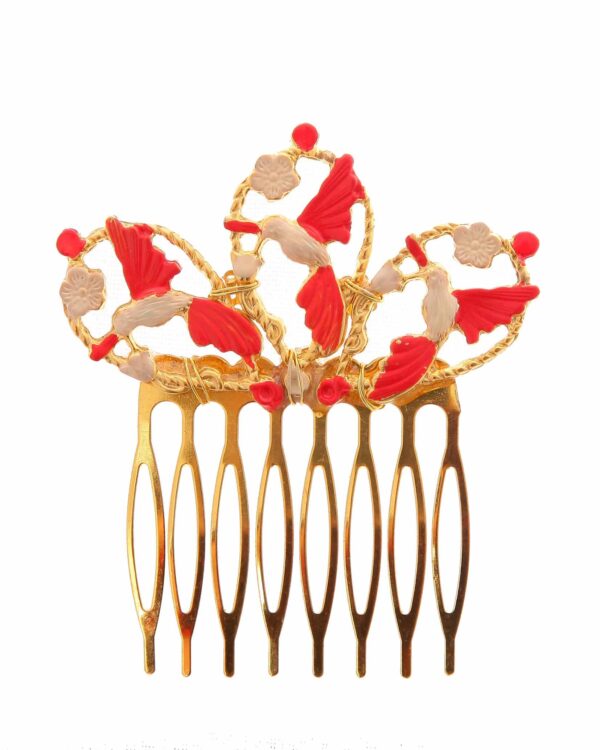 Peinecillo dorado de pájaros pintado en coral y beige