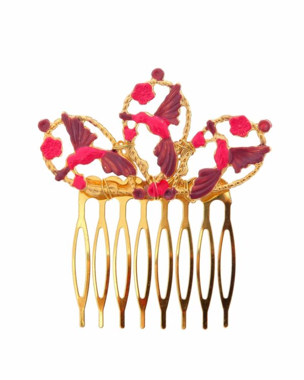 Peinecillo dorado de pájaros pintado en malva y rosa