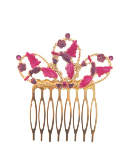 Peinecillo dorado de pájaros pintado en morado y rosa - Imagen 2