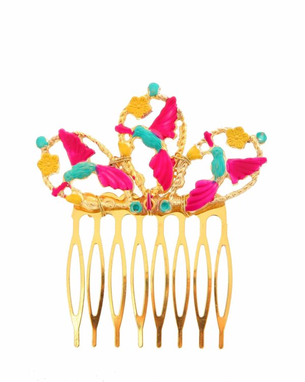 Peinecillo dorado de pájaros pintado en amarillo, rosa y aguamarina
