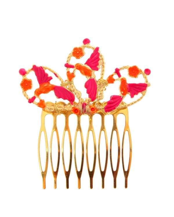 Peinecillo dorado de pájaros pintado en rosa y naranja