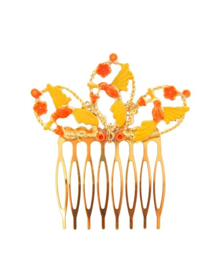Peinecillo dorado de pájaros pintado en naranja y amarillo - Imagen 1