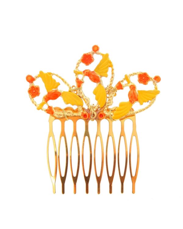 Peinecillo dorado de pájaros pintado en naranja y amarillo