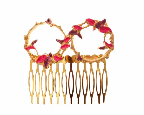 Peinecillo dorado de hojas pintado en malva y rosa