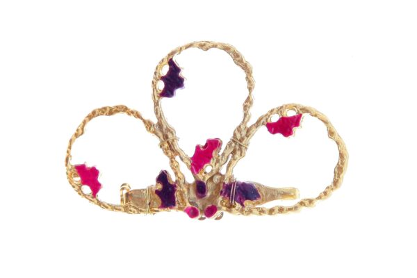 Broche dorado pintado en morado y rosa