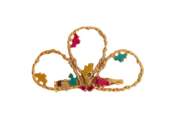 Broche dorado pintado en rosa, amarillo y aguamarina