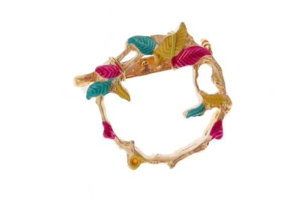 Broche dorado de hoja pintado en amarillo, rosa y aguamarina