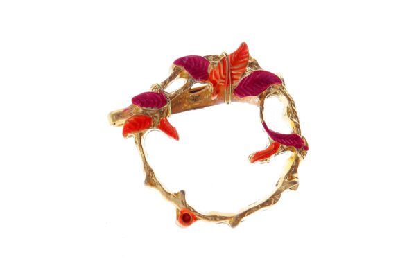 Broche dorado de hoja pintado en rosa y naranja