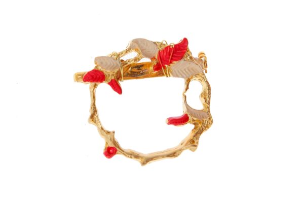 Broche dorado de hojas pintado en beige y coral