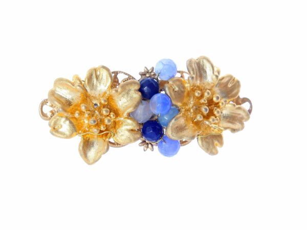 Broche con dos flores y bolas de piedra Ágata en tonos azules