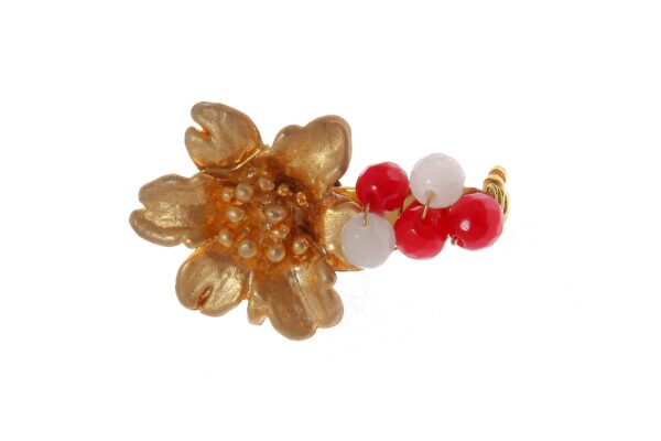 Broche dorado de flor con bolas de piedra Ágata en blanco y rojo