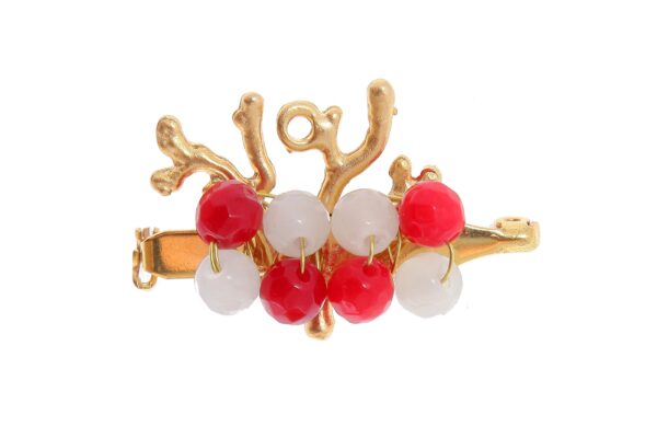 Broche dorado de corales con bolas de piedra Ágata en rojo y blanco