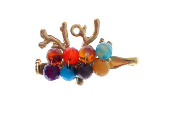 Broche dorado de corales con bolas de piedra Ágata en multicolor