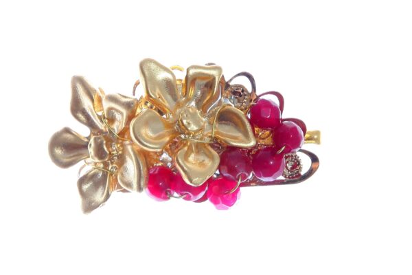 Broche de flores y bolas de piedra Ágata en burdeos