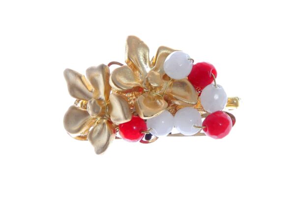 Broche de flores y bolas de piedra Ágata en tonos blancos y rojos