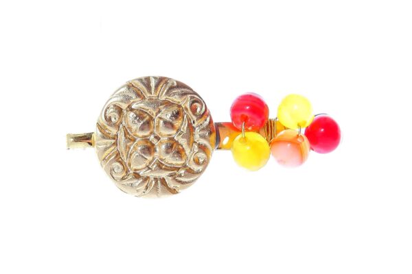 Broche de moneda y bolas de piedra Ágata en tonos naranjas y amarillos