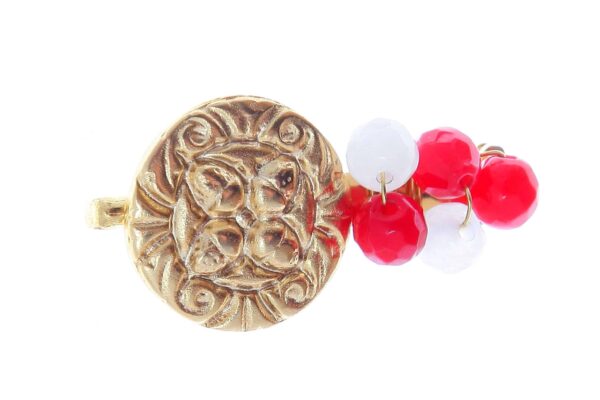 Broche de moneda y bolas de piedra Ágata en tonos rojo y blanco