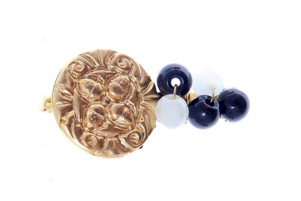 Broche de moneda y bolas de piedra Ágata en negro y blanco
