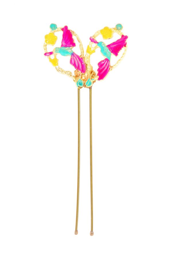 Horquilla de pájaros pintada en rosa, aguamarina y amarillo