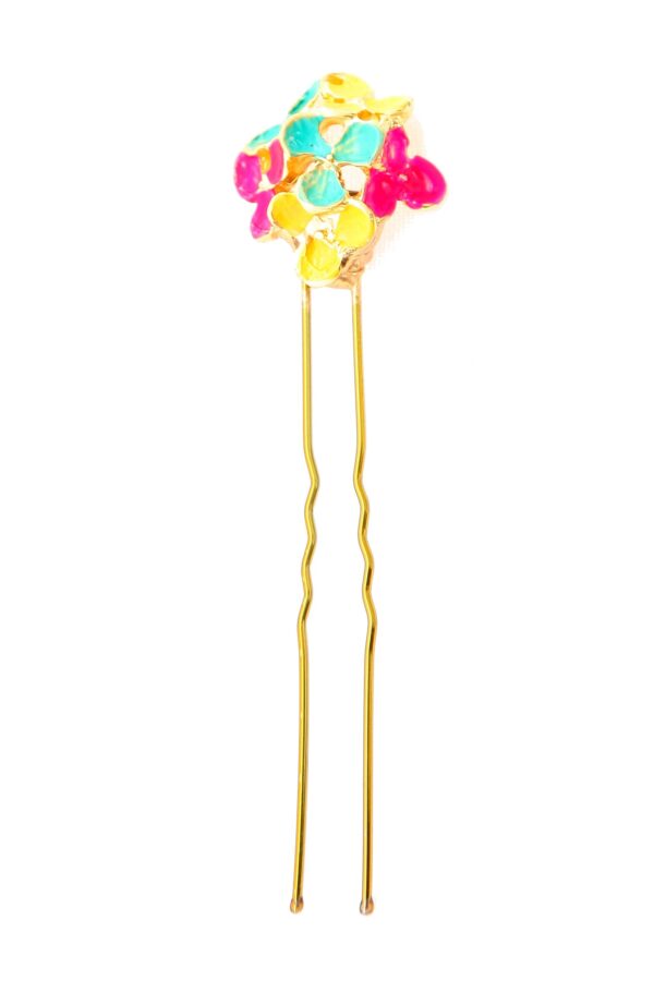 Horquilla de flores esmaltado en aguamarina, rosa y amarillo