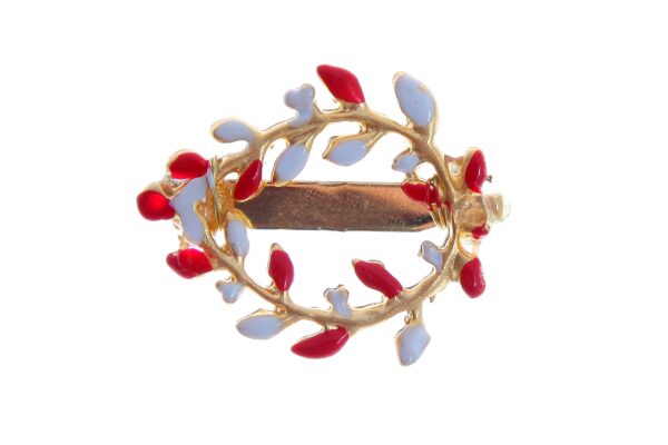 Broche de corona de hojas esmaltado en blanco y rojo