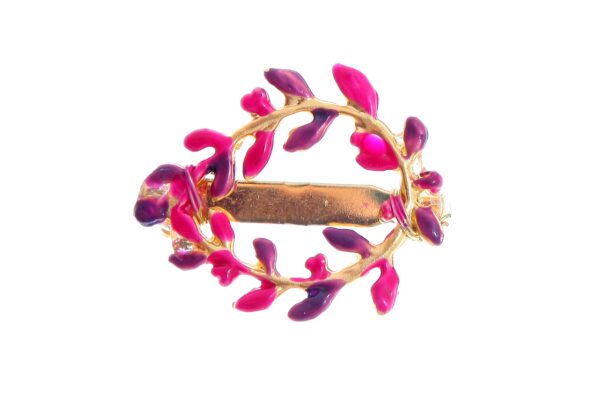Broche de corona de hojas esmaltado en rosa y morado