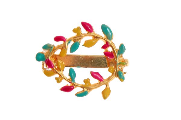Broche de corona de hojas esmaltado en aguamarina, rosa y amarillo