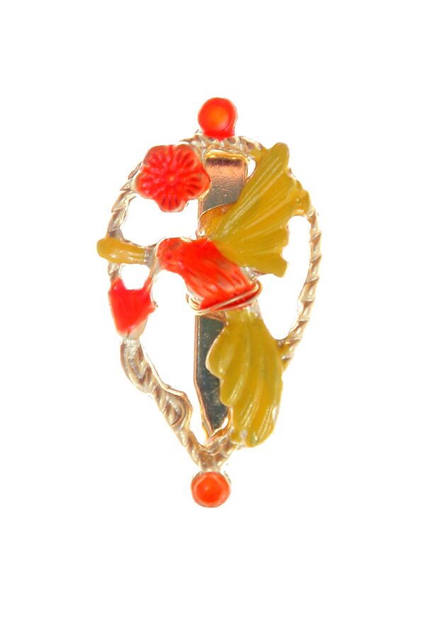 Broche de pájaros esmaltado en amarillo y naranja