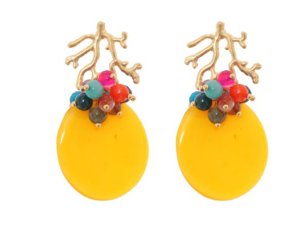 Pendientes amarillos con bolas de piedra Ágata en multicolor y cabezal de coral