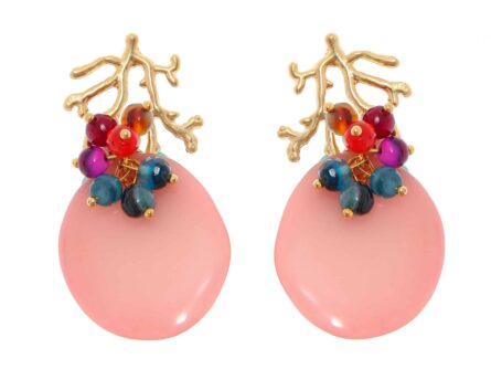 Pendientes rosas maquillaje con bolas de piedra Ágata en multicolor y cabezal de coral - Imagen 1