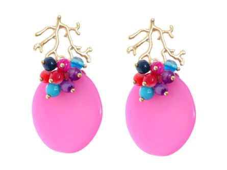 Pendientes buganvillas con bolas de piedra Ágata en multicolor y cabezal de coral - Imagen 1