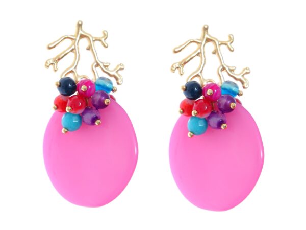 Pendientes buganvillas con bolas de piedra Ágata en multicolor y cabezal de coral